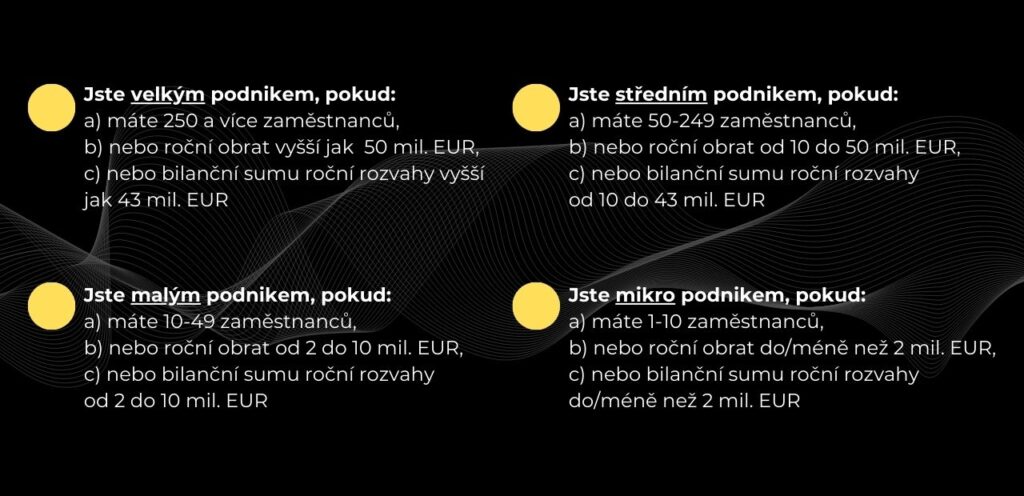 Infografika vysvětlující, jak si určit velikost podniku podle různých kritérií pro vyhodnocení dopadu nZKB dle NIS2 na firmu